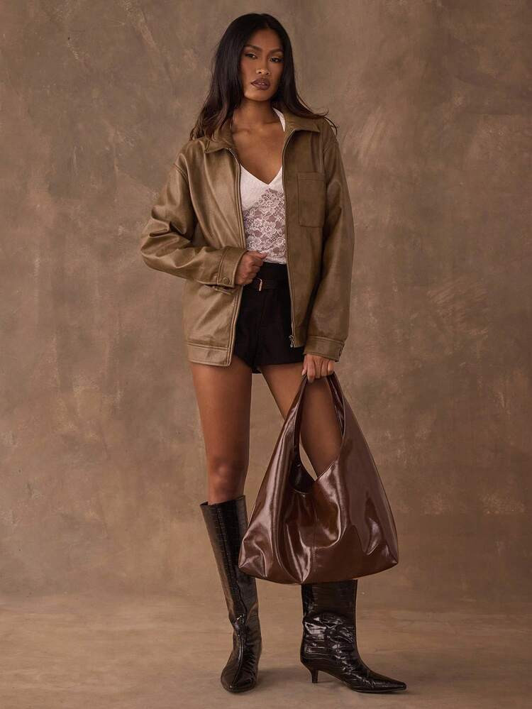 SHEIN BAE Women Solid Color Zipper Casual Versatile Long Sleeve Jacket Brown Faux Leather Mottled Texture Belted Hem Biker Jacket Vintage Distressed Leather Winter Women Clothes Women Jackets Thanksgiving Women Winter Women Coat Christmas Women Clothes Christmas Clothes Winter Jacket | SHEIN