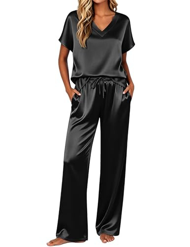 Ekouaer Silk Pajamas for Women 2 Piece Satin Pjs Cap Short Sleeve Sleepwear V Neck Shirt Long Pan... | Amazon (US)