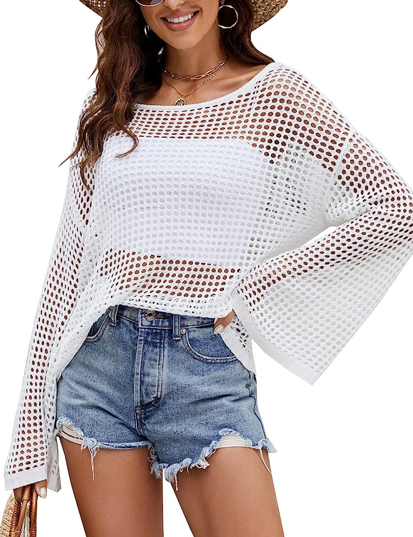 BMJL Womens Crochet Cover Up Bikini Swimsuit Coverups Backless Long Sleeve Summer Beach Shirt Top... | Amazon (US)