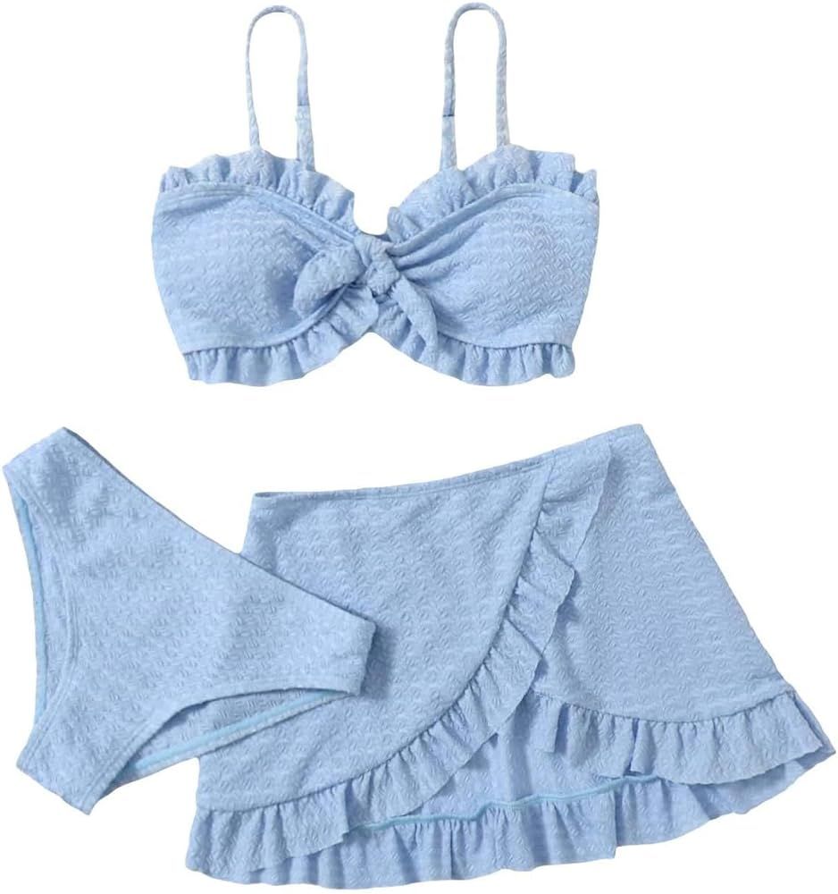 COZYEASE Girls' 3 Piece Floral Print Bikini Tie Front Ruffle Trim Frill Wrap Cute Swimsuit with B... | Amazon (US)