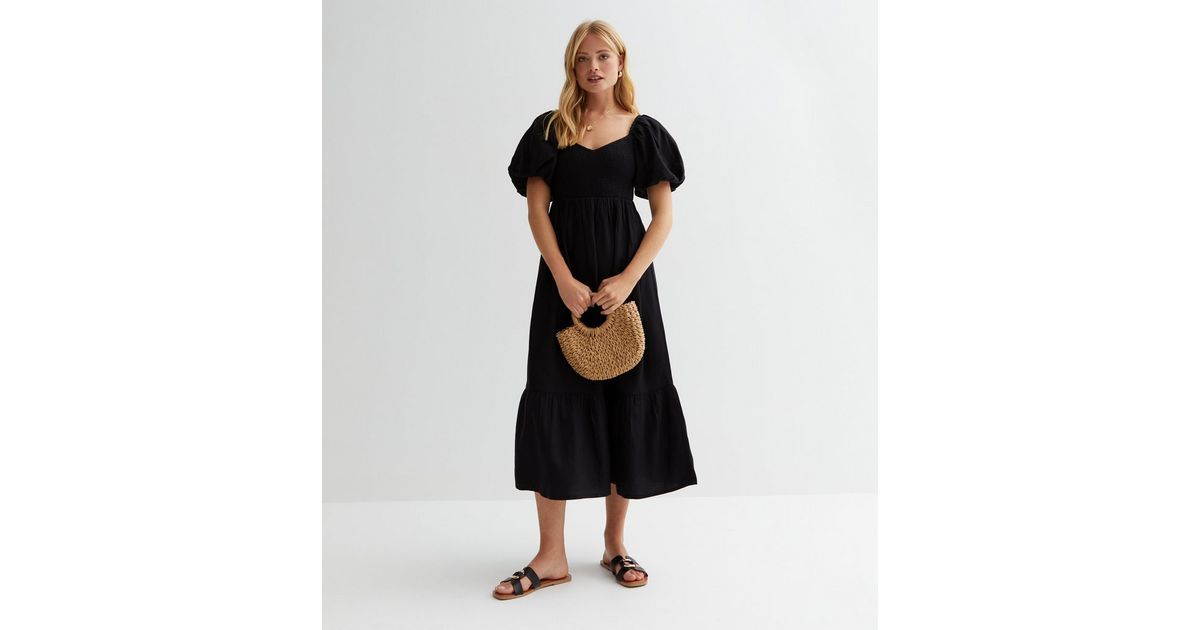 Black Puff Sleeve Shirred Midaxi Dress | New Look | New Look (UK)