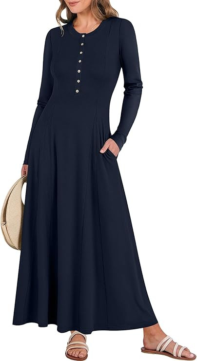 ANRABESS Women's Long Sleeve Casual Maxi Dress Button Fit & Flare A-Line Swing Flowy Long Dresses... | Amazon (US)