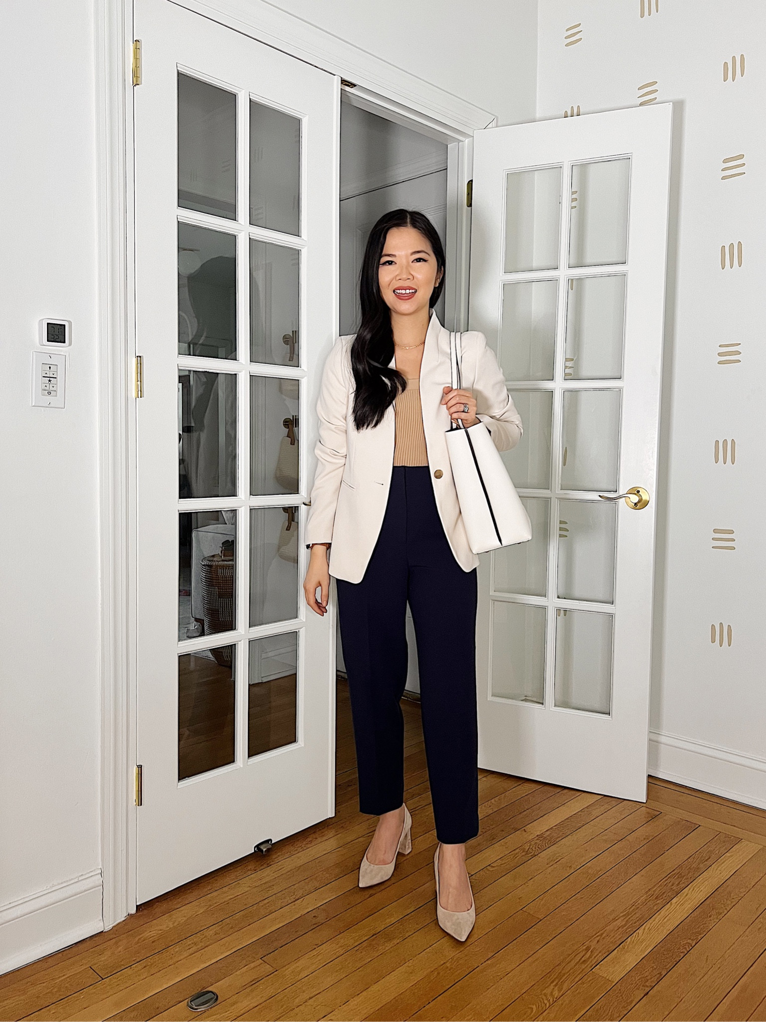 Cream blazer (2P)
Ann Taylor blazer 
Collarless blazer
Beige tank (XS)
Beige ribbed tank
Beige cropped tank
Navy work pants (4P)
High waisted navy pants
Tory Burch Perry tote bag
Tory Burch tote bag
White tote bag
Beige suede pumps (TTS)
Block heel pumps 
Nude pumps
Business casual outfit
Work outfit

#LTKFind #LTKSeasonal #LTKworkwear