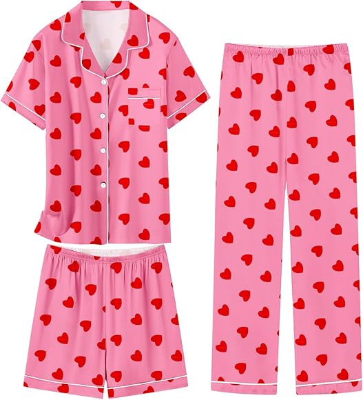 Schbbbta Girls 3 Pieces Pajamas Sets Silk Satin Sleepwear Button Down Short Sleeve Pjs Outfits | Amazon (US)