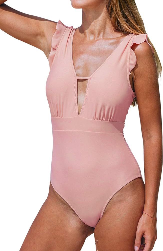CUPSHE Women's V Neck Pink Ruffles One Piece Swimsuit | Amazon (US)