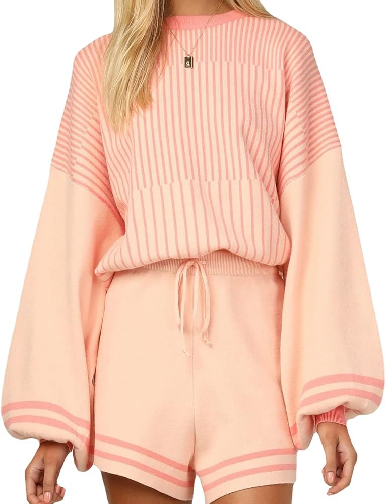 Arssm Casual Striped 2 Piece Knitted Outfits for Women Crewneck Wide Leg Knit Pullover Tops Draws... | Amazon (US)
