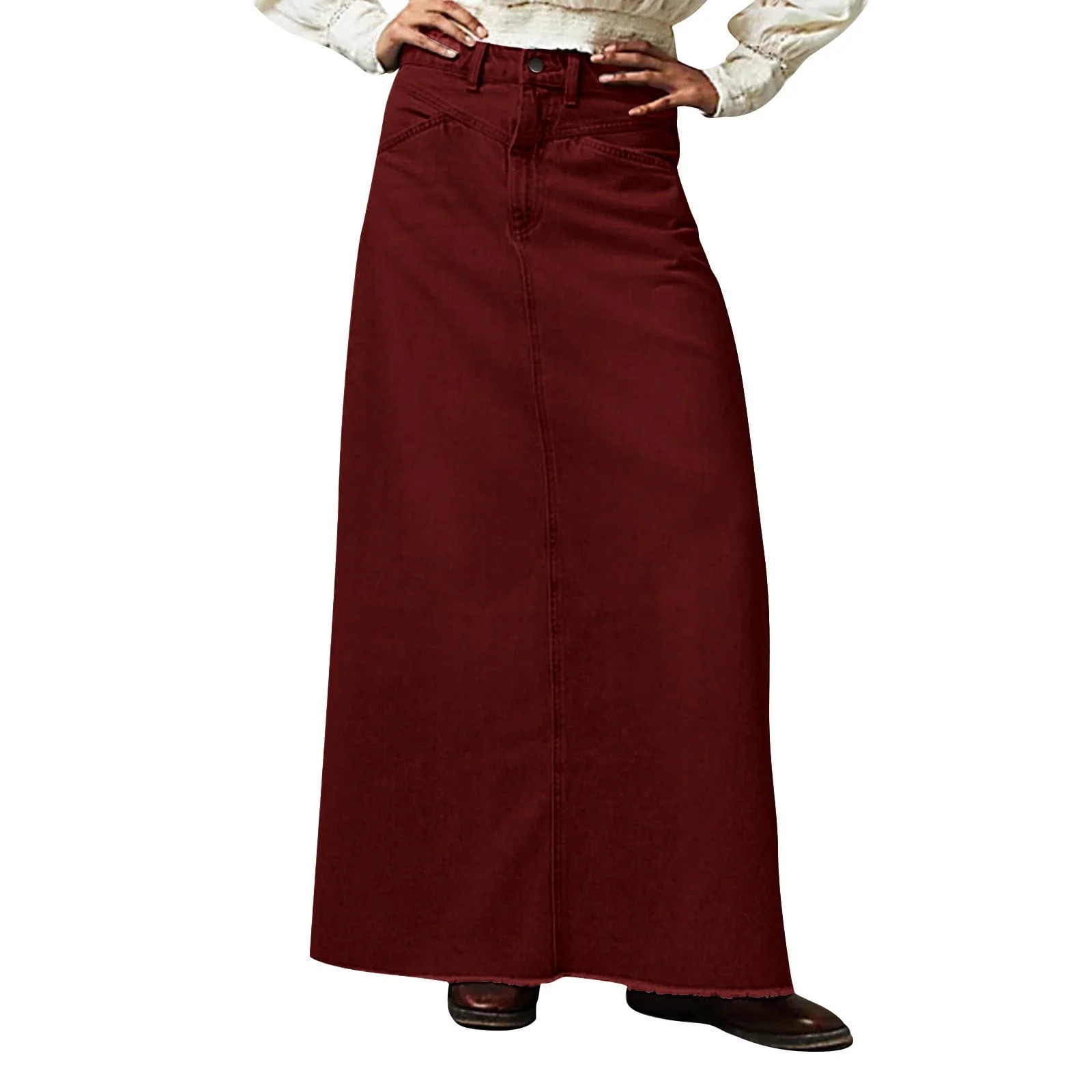 Mohiass Women Trendy Denim Maxi Skirt High Waist A-Line Frayed Hem Loose Long Jean Skirt Wine L | Walmart (US)