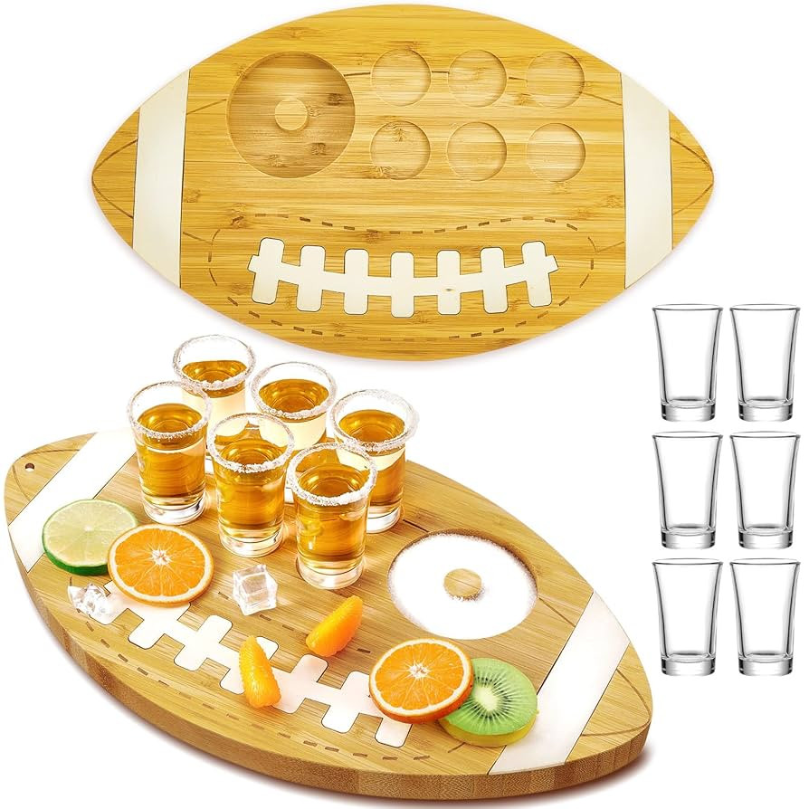 Football Shaped Bamboo Wood Cutting Board Tequila Shot Board Set with 6 Shot Glasses Holder Footb... | Amazon (US)