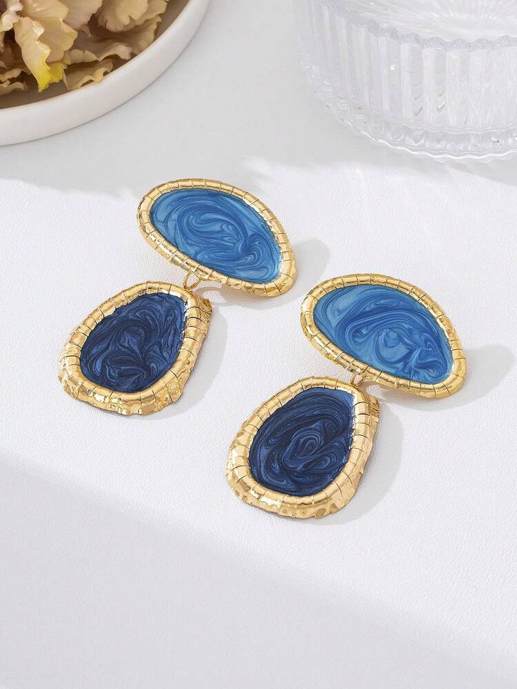 1 Pair Gold Framed Blue Marble Swirl Drop Earrings - Two-Tone Ocean Inspired Earrings For Office,... | SHEIN