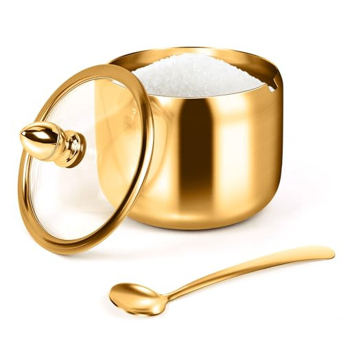 holoith Sugar Container with Glass Lid and Spoon - 10oz Gold Sugar Bowl for Coffee Bar Station Accessories Kitchen Storage for Salt, Candy, Coffee Bean (Gold) | Amazon (US)