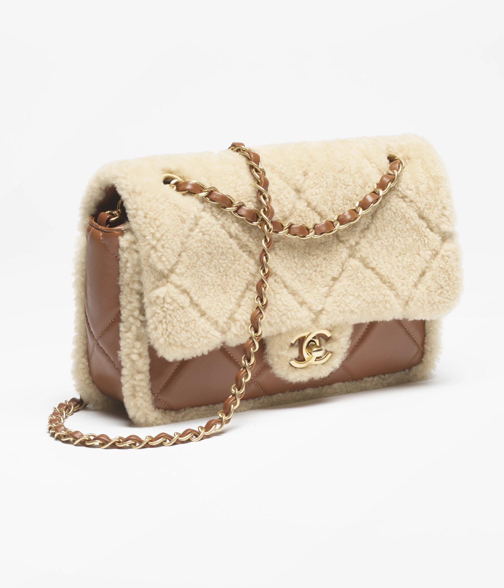Flap bag, Shearling lambskin & gold-tone metal, beige & brown — Fashion | CHANEL | Chanel, Inc. (US)
