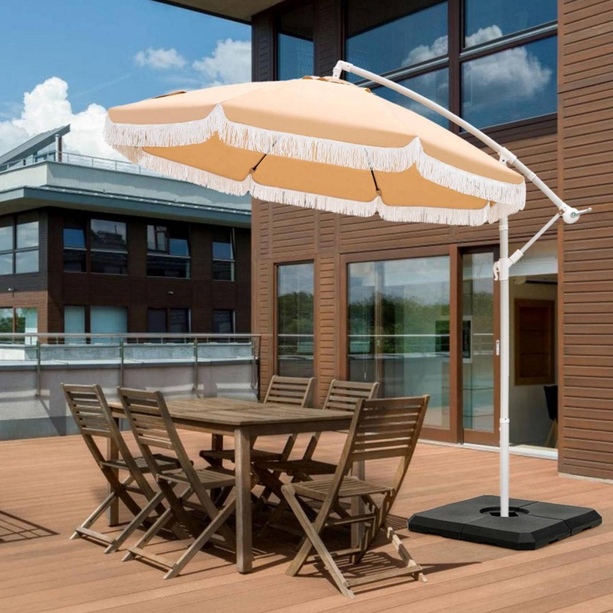 Captiva Designs 9ft Fringed Cantilever Offset Patio Market Umbrella Beige | Target