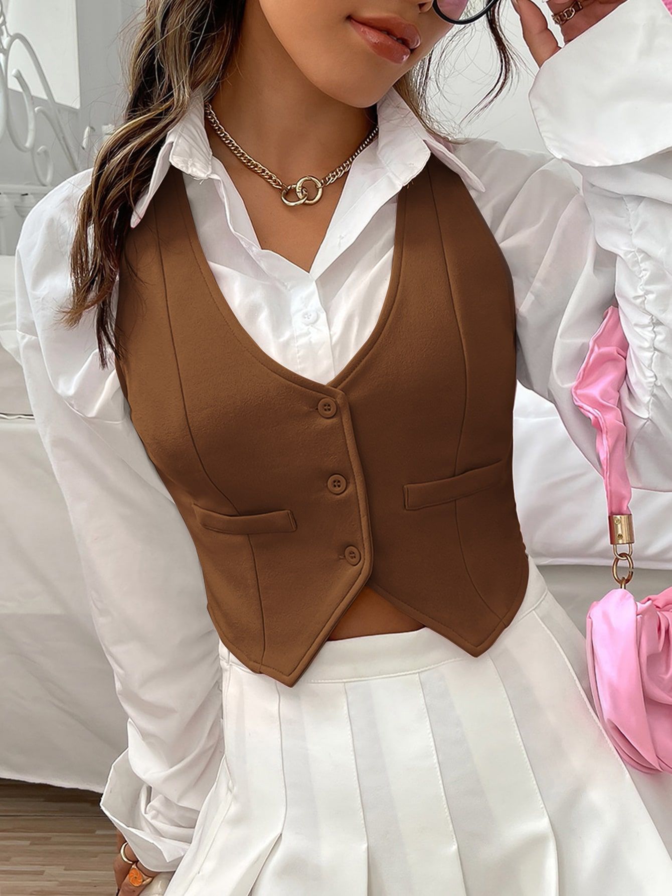 SHEIN Qutie 1pc Button Front Crop Waistcoat | SHEIN
