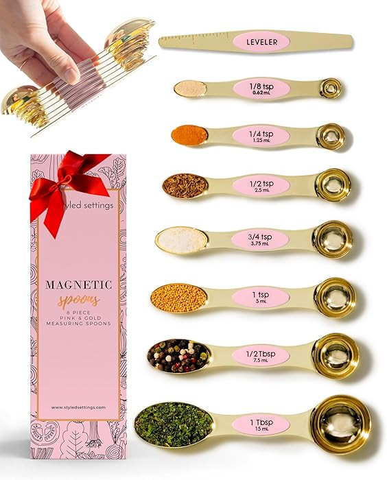 Pink Magnetic Measuring Spoons Set - 8-Piece Dual-Sided Stainless Steel Spoons, Stackable and Spi... | Amazon (US)