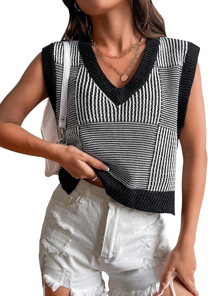 SOLY HUX Women's Sleeveless V Neck Sweater Vest Trendy Pullover Knitwear Tank Tops | Amazon (US)