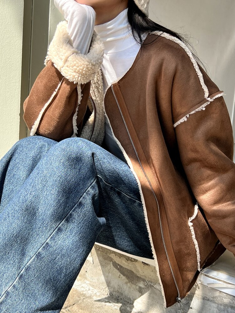 DAZY Drop Shoulder Teddy Lined Faux Suede Coat | SHEIN