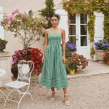 Women\u2019s Striped Midi Dress with Spaghetti Straps, Square Neck Smocked Back Flowy Sundress | Amazon (US)