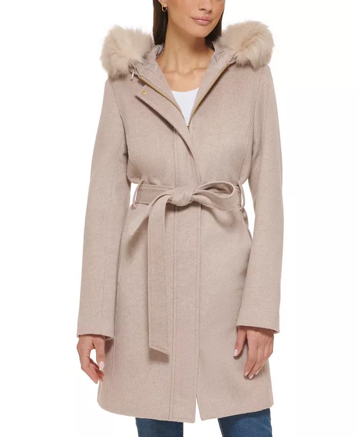 Cole Haan Women's Belted Faux-Fur-Trim Hooded Coat & Reviews - Coats & Jackets - Women - Macy's | Macys (US)