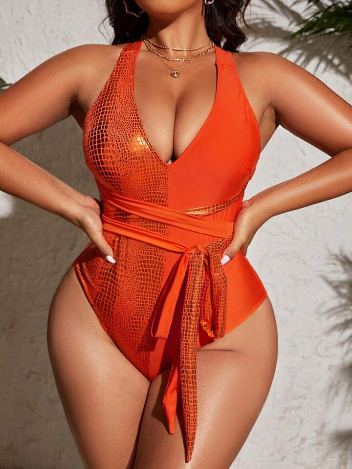 SHEIN Swim Plus Size Summer Beach Crocodile Print Criss-Cross Backless Front Tie One-Piece Swimsu... | SHEIN