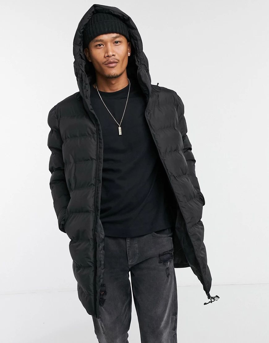 Pull&Bear longline puffer jacket with hood in black | ASOS (Global)