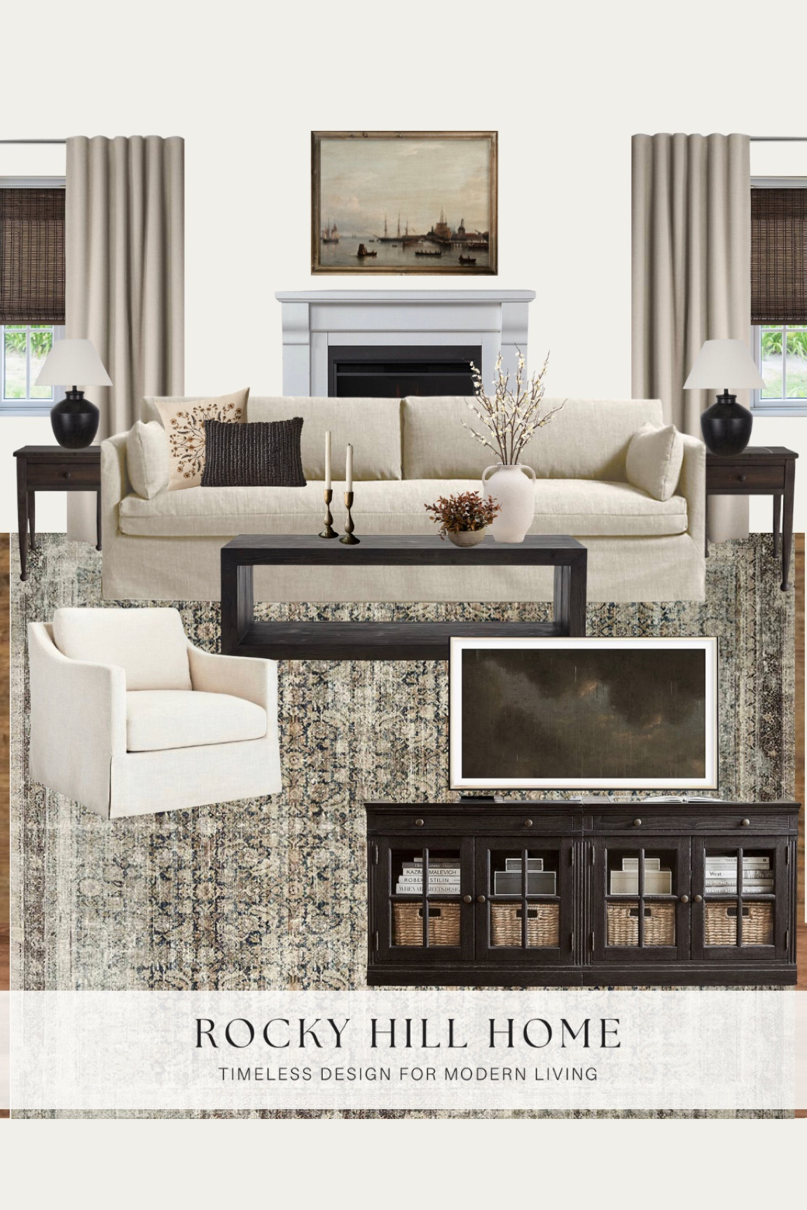 Neutral Modern Traditional living room design with crate and barrel ivory slipcovered sofa, studio mcgee Target chair, amber Lewis x Loloi rug, pottery barn media console, affordable art, abstract frame tv art, brass candlesticks, fall decor

#LTKhome #LTKSeasonal #LTKstyletip