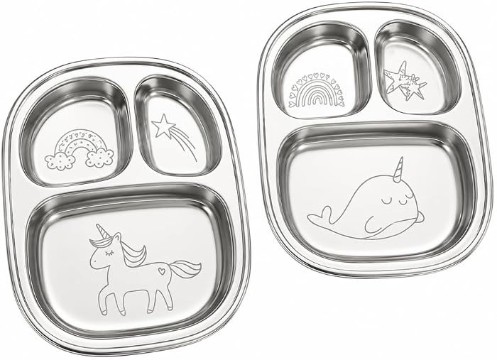 Stainless Steel Divided Plates for Kids Set of 2 | Unicorn Narwhal Design Hidden Under Food | Foo... | Amazon (US)
