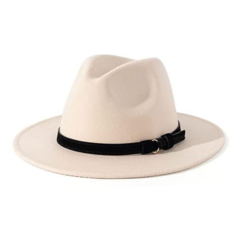 Lisianthus Men & Women Vintage Wide Brim Fedora Hat with Belt Buckle (Black Belt-Creamy, Medium) | Amazon (US)