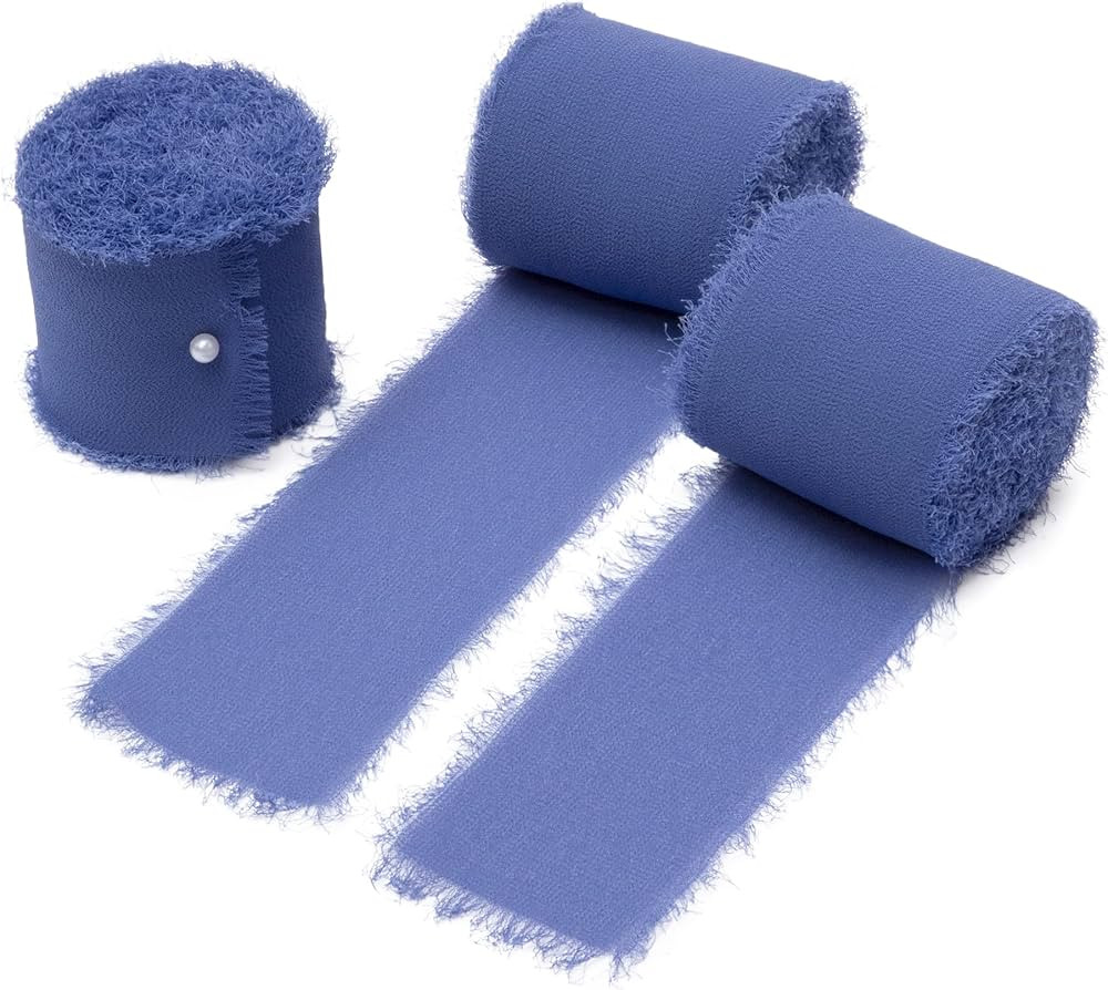 DORIS HOME 3 Rolls 2"x7Yd Fringe Chiffon Ribbon for Flower Bouquet, Handmade Electric Blue Ribbon... | Amazon (US)