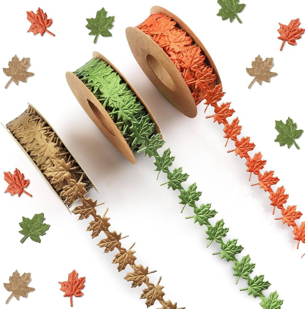 3 Rolls 15 Yards Fall Ribbons, Green Brown Orange Thanksgiving Ribbons Maple Leaf Shape Craft Rib... | Amazon (US)