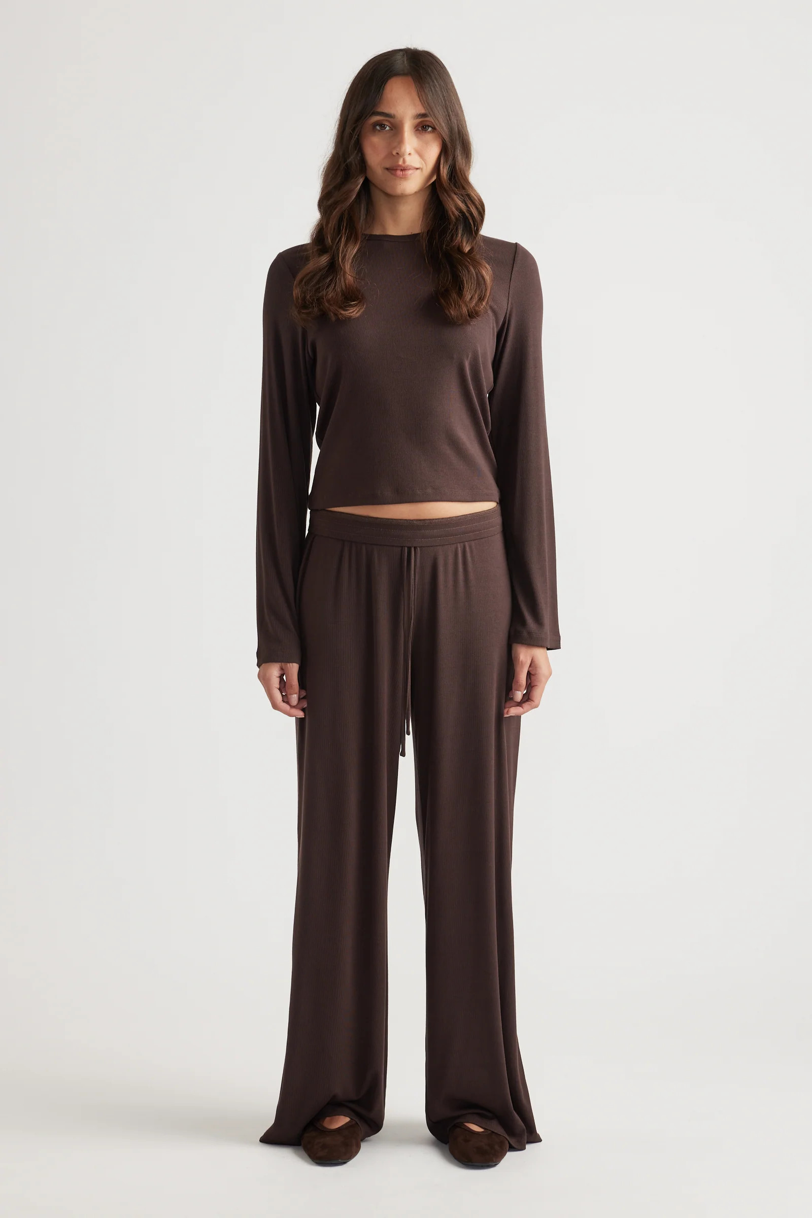 Sleep Long Sleeve Ribbed Top - Chocolate | DECJUBA