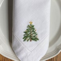 Holiday Tree Collection Embroidered Linen Dinner Napkin Ready To Ship Christmas Table Hostess Gift Classic Home Decor | Etsy (US)