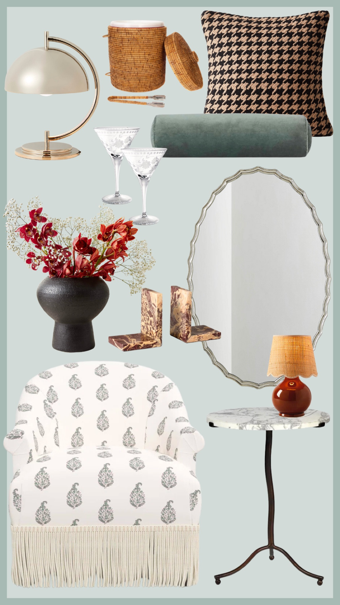 Weekly home decor finds! Accent chair, wall mirror, marble table, bookended, throw pillows, glasses 

#LTKHome