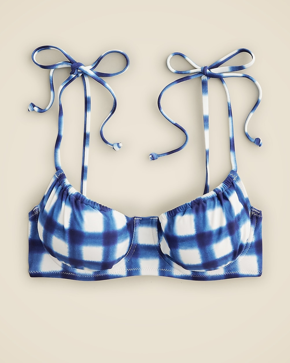 Ruched tie-shoulder bikini top in gingham | J. Crew US