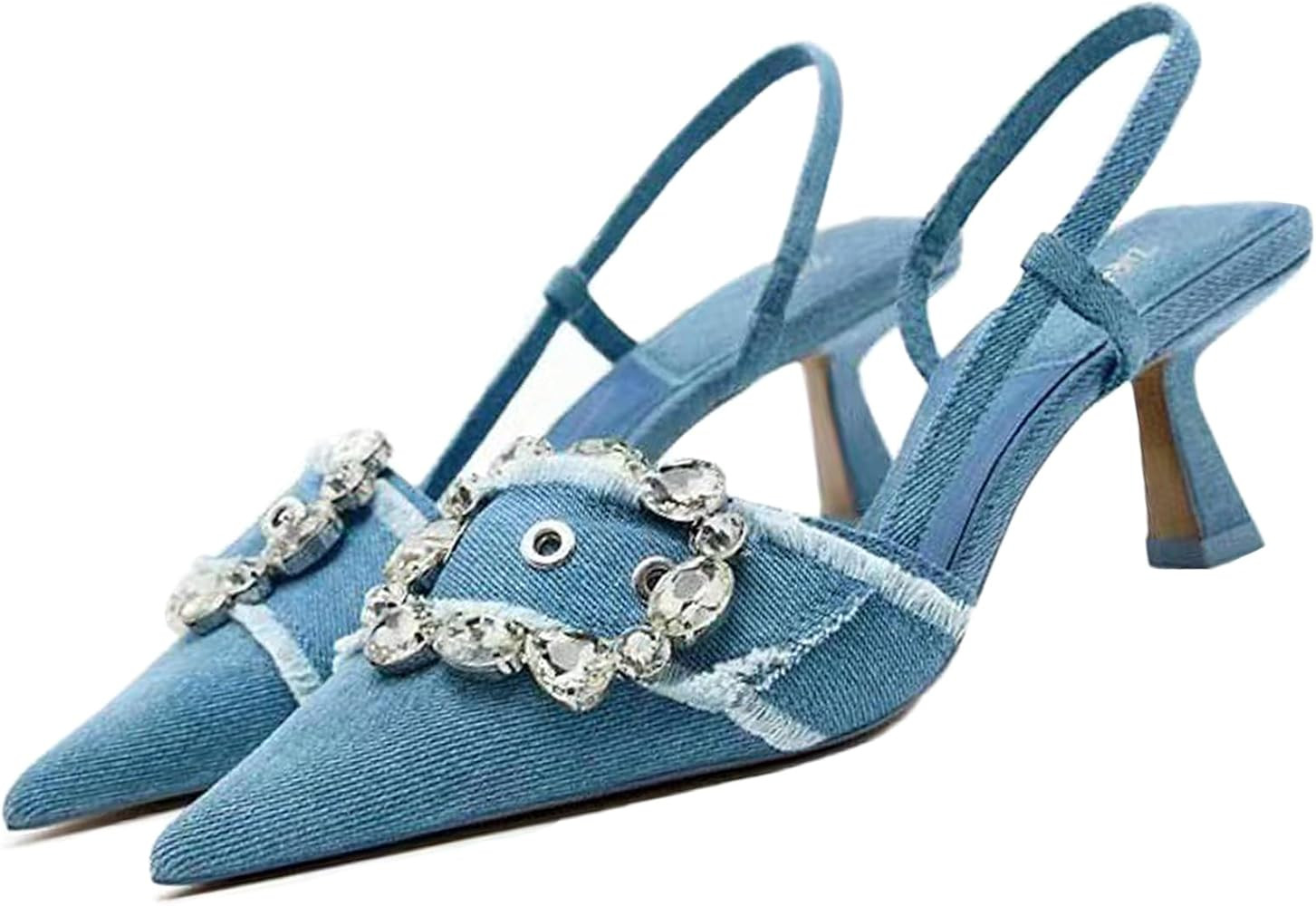 Women's Rhinestone Pointed Toe Denim Kitten Heels,Slip On Slingback Low Heel Mule Pumps Evening Part | Amazon (US)