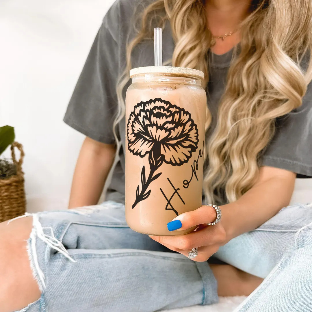 Personalized Glass Tumbler With Straw and Lid, Gift for Her January Birth Flower Iced Coffee Cup,... | Etsy (US)