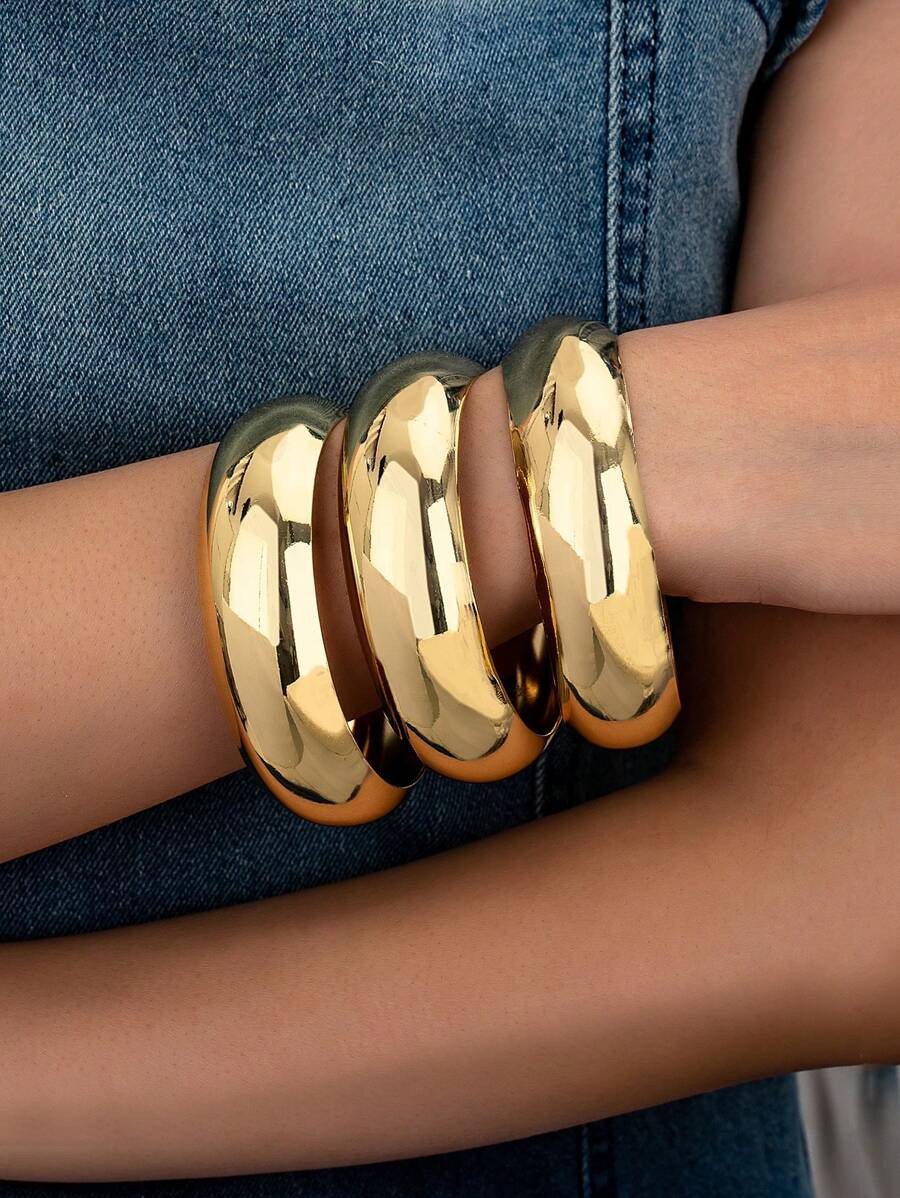 3 Pcs Golden Color Metal Chunky Cuff Bangles Set For Women , Oversized Chunky Jewelry | SHEIN