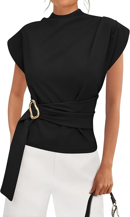 PRETTYGARDEN Women Blouses Summer Business Casual Tops | Fall Dressy Cap Sleeve Mock Neck Work Sh... | Amazon (US)