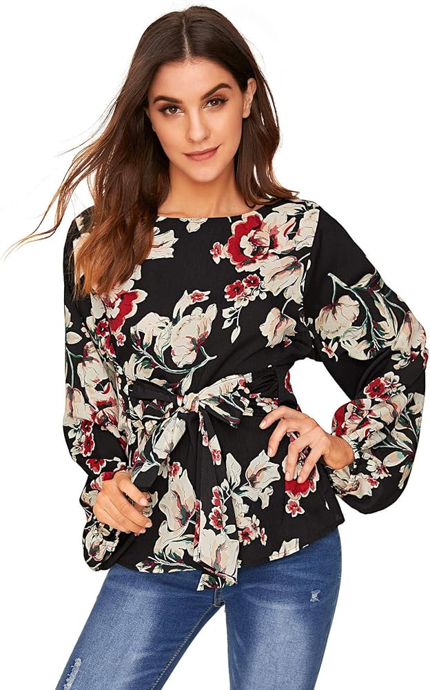 Romwe Women's Floral Print Long Sleeve Self tie Waist Knot Blouse Top | Amazon (US)