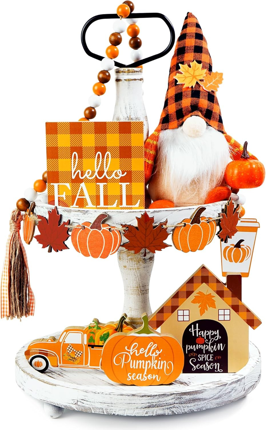 12 PCS Fall Tiered Tray Decor, Gnomes Plush with Hello Fall Decor Wooden Signs,Beads Garland,Pump... | Amazon (US)