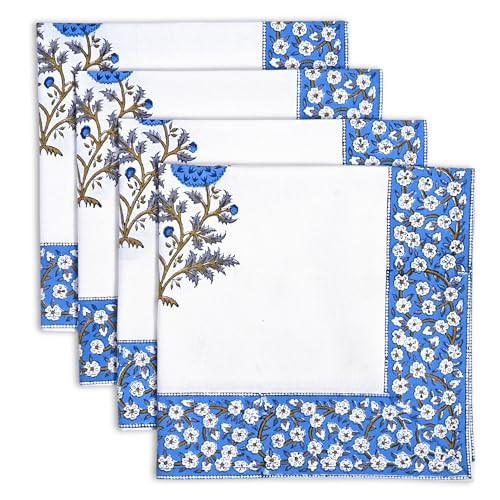 Ridhi Block Print Lapis Blue Border Napkins 20" x 20" Inch Set 4 -Reusable Cotton Decorative Napkin Kitchen Towel for Everyday Dinning, Wedding, Festive Gift Spring, Easter, Valentine | Amazon (US)
