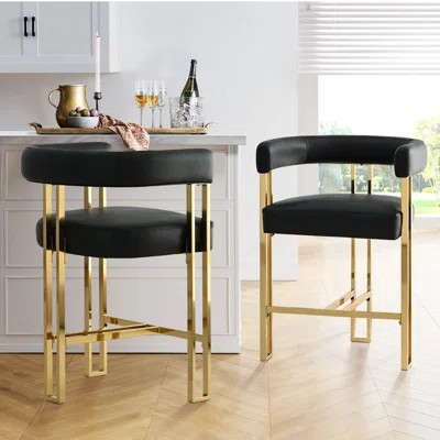 Set of 2 Luxurious 25" Faux Leather Solid back Gold Tripod Base Counter Stool | Wayfair North America