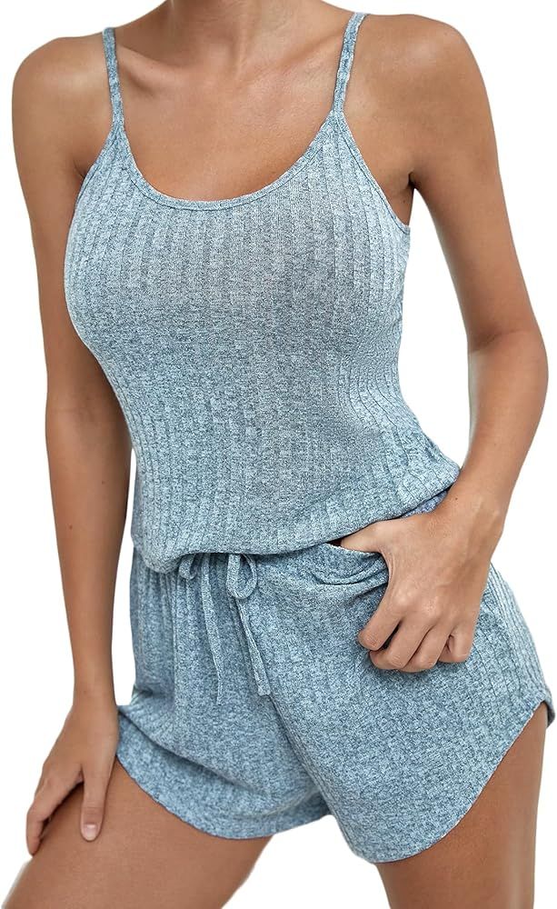 Verdusa Women's 2 Piece Pajama Sets Rib Knit Crop Cami Top and Shorts PJ Set | Amazon (US)