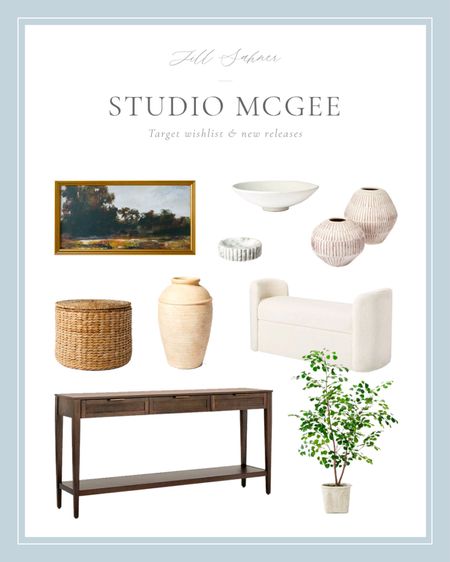 Products I’m dying to buy from Studio McGee x Threshold at Target — gold frame horizontal painting, woven storage ottoman, rounded Sherpa bench, cane console table, cream speckled bowl, terracotta vase, marble dish, ficus tree, carved vases

#LTKhome