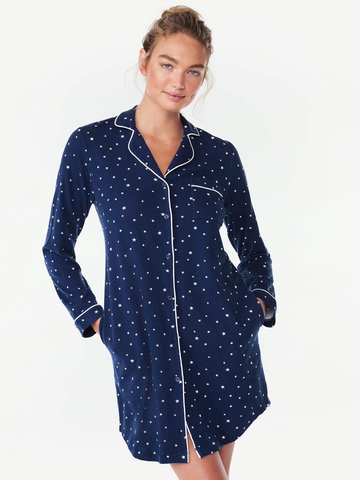 Joyspun Women’s Long Sleeve Notch Collar Sleepshirt, Sizes S to 4X | Walmart (US)