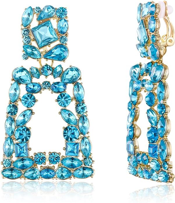 Flyonce Rectangle Clip-on Drop Earrings for Women, Sparkly Rhinestone Crystal Geometric Statement... | Amazon (US)