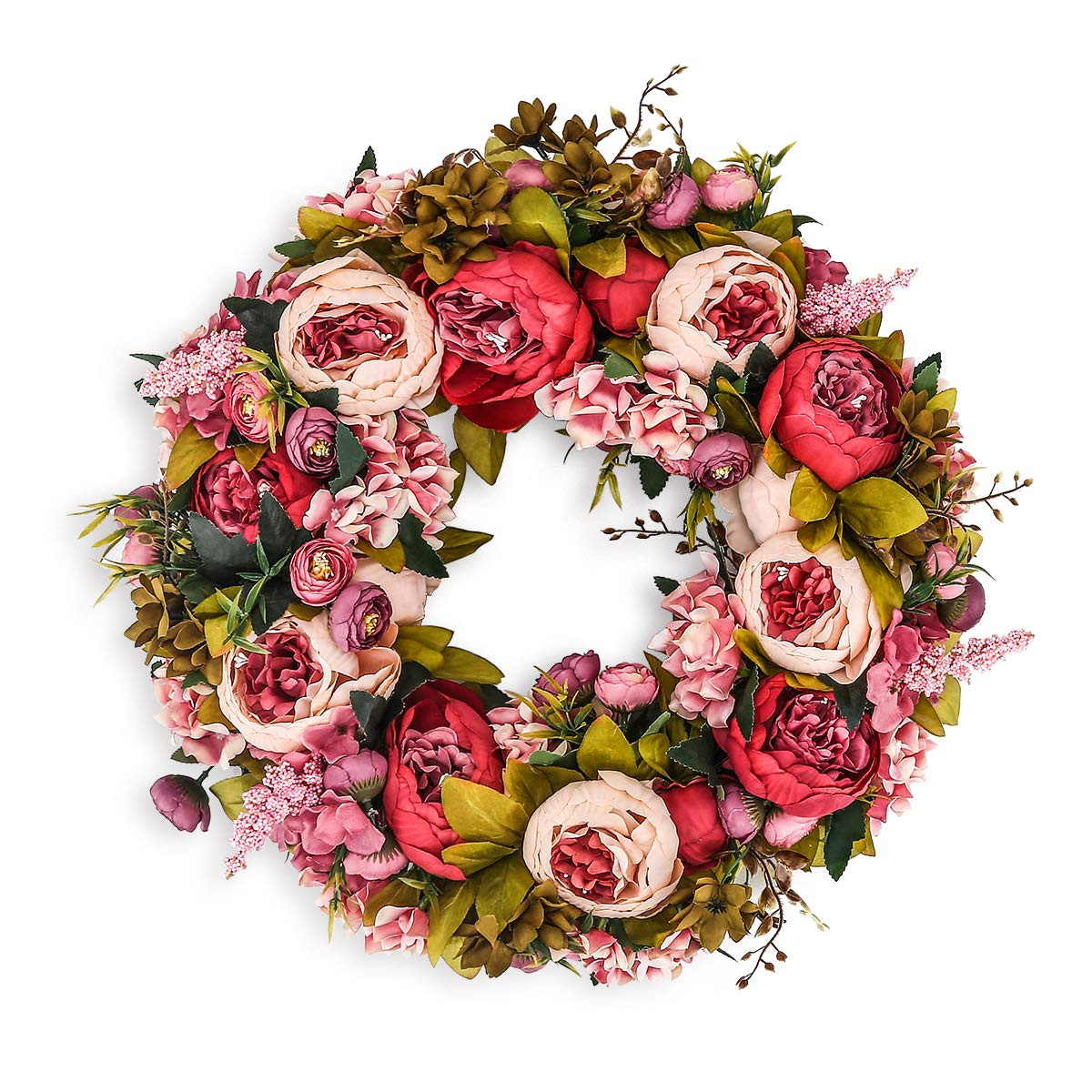 BOMAROLAN Artificial Peony Flower Wreath 19Inch Vintage Blooming Silk Peonies Spring Summer Fall Winter Large Wreaths Flower Green Leaves for Outdoor Front Door Indoor Wedding Wall Or Window Décor | Amazon (US)