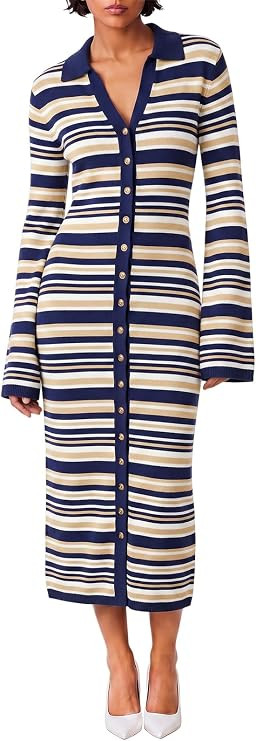 Wenrine Womens Long Cardigan Sweater Dress Striped Button Down Midi Dresses | V Neck, Long Sleeve... | Amazon (US)