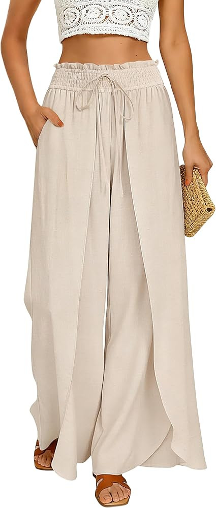 GRACE KARIN Womens Wide Leg Summer Pants Flowy Side Split Palazzo Beach Pants Boho Drawstring Hig... | Amazon (US)