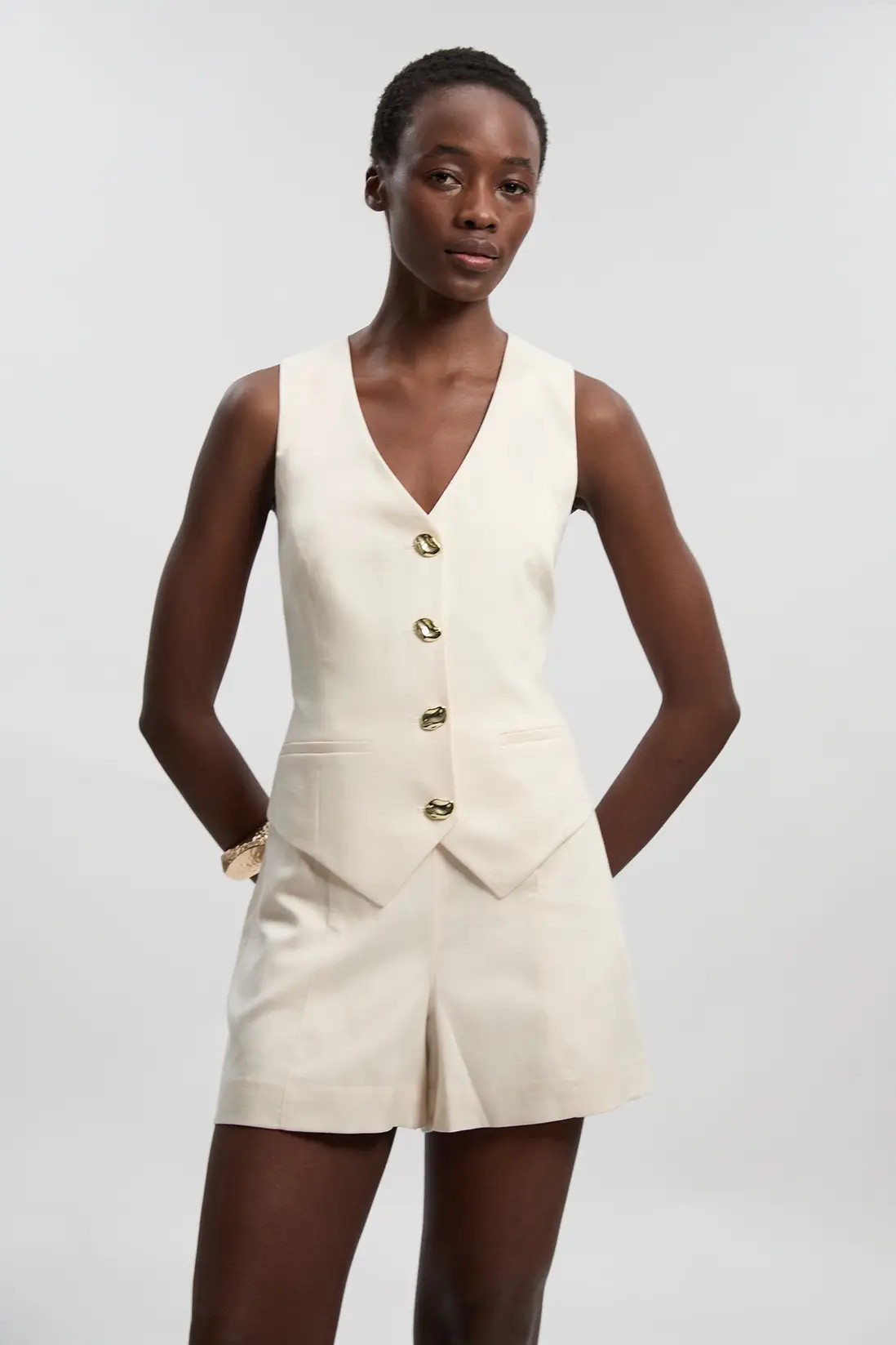 Ivory Tailored Linen Button Front Short | Karen Millen | Karen Millen UK