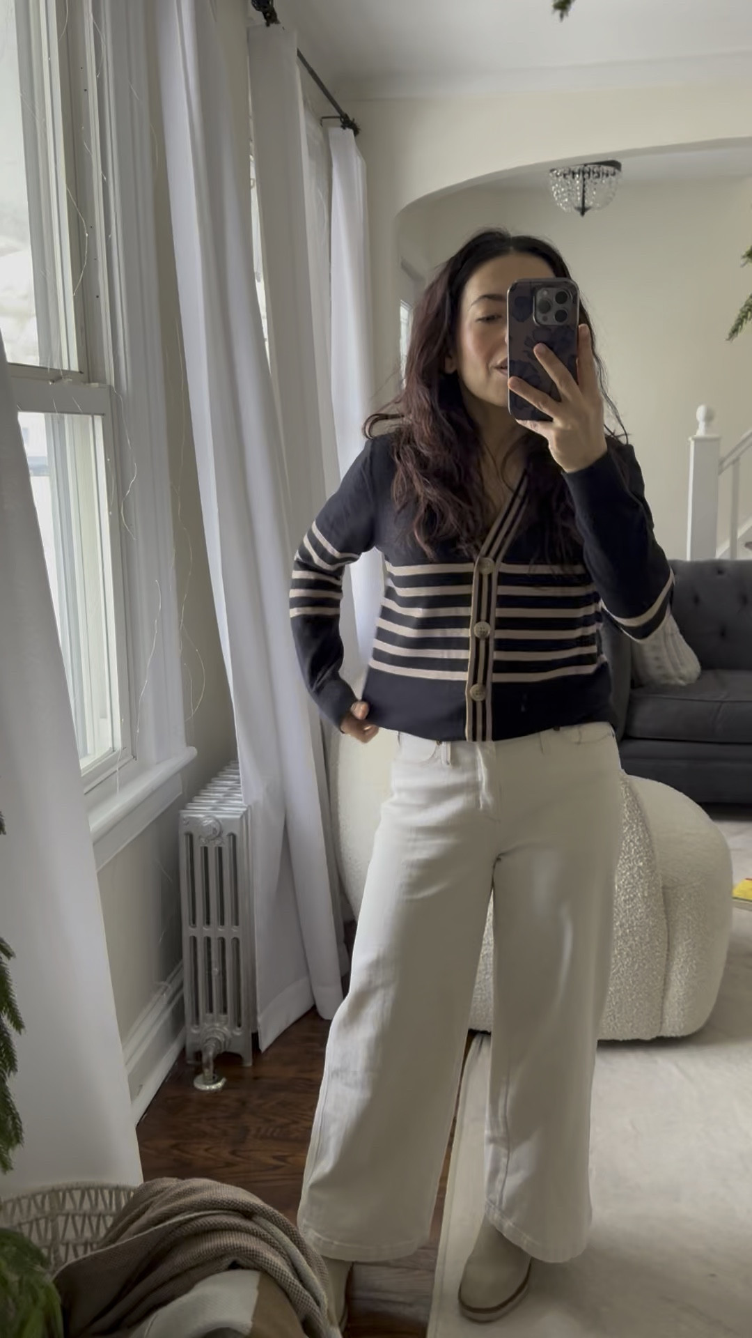 Get the look! Casual outfit ideas, stripped cardigan, wide leg cream jeans, classic outfit, wardrobe stapes, capsule wardrobe 

#LTKStyleTip #LTKPetite #LTKSeasonal
